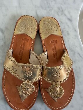 Gold Leather Women's Slide Sandals with Embossed Floral Accents